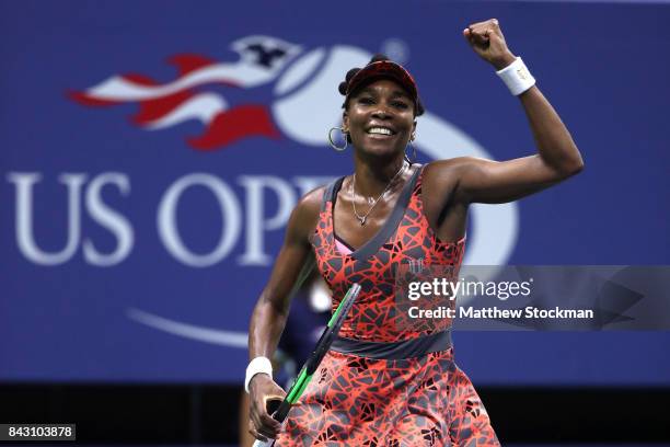 Venus Williams of the United States reacts after defeating Petra Kvitova of Czech Republic during her Women's Singles Quarterfinal match on Day Nine...