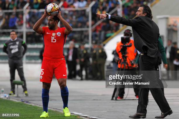 Juan Antonio Pizzi coach of Chile gives instructions to his players during a match between Bolivia and Chile as part of FIFA 2018 World Cup...