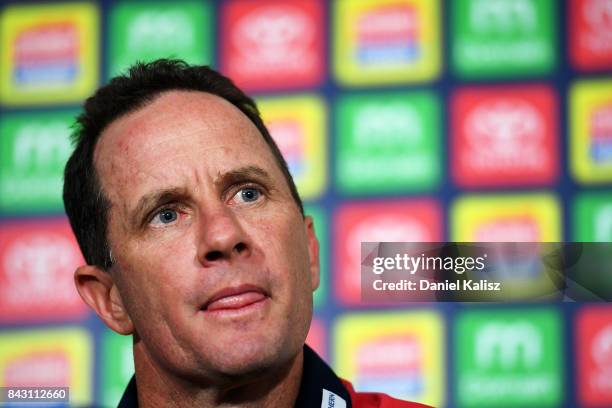 Adelaide Crows Senior Coach Don Pyke speaks to the media during an Adelaide Crows AFL media opportunity at Adelaide Oval on September 6, 2017 in...