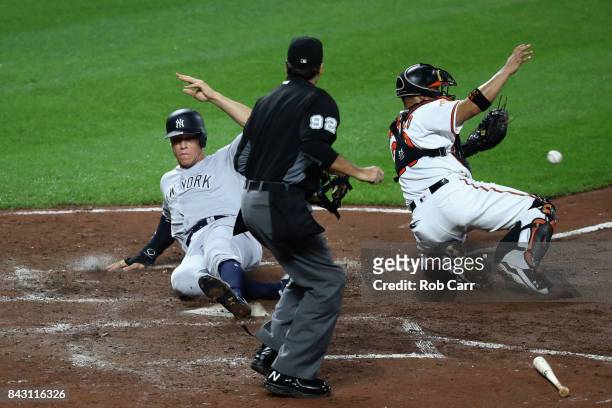 Home plate umpire James Hoye looks on as Aaron Judge of the New York Yankees scores a run ahead of the throw to catcher Welington Castillo of the...