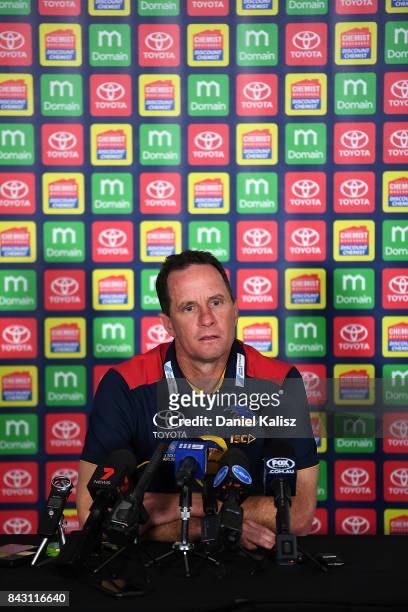 Adelaide Crows Senior Coach Don Pyke speaks to the media during an Adelaide Crows AFL media opportunity at Adelaide Oval on September 6, 2017 in...