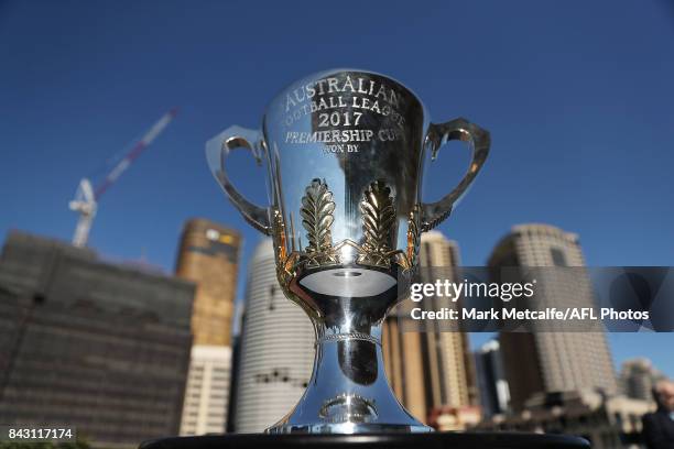 The AFL Premiership Cup is seen during the AFL Grand Final media announcement at The Museum of Contemporary Art Australia on September 6, 2017 in...