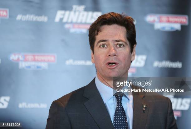 Gillon McLachlan speaks on stage during the AFL Grand Final media announcement at The Museum of Contemporary Art Australia on September 6, 2017 in...