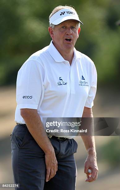 Colin Montgomerie of Scotland after he chipped in for a birdie on the par five 8th hole during the second round of the Abu Dhabi Golf Championship at...