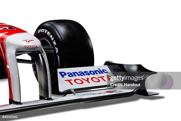 In this handout picture a detail of Toyota's adjustable front wing is seen during the Panasonic Toyota Formula One Grand Prix team launch of the...