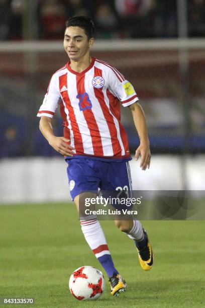 Miguel Almiron of Paraguay drives the ball during a match between Paraguay and Uruguay as part of FIFA 2018 World Cup Qualifiers at Defensores del...