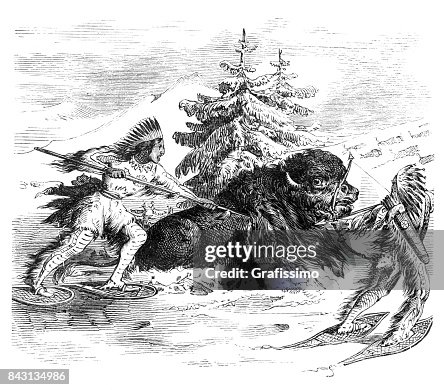 Native american hunting buffalo at winter 1863 Native american hunting buffalo at winter 1863