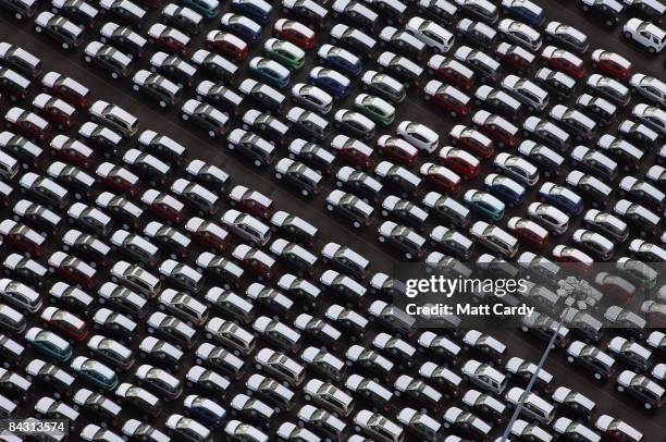 View of some of the thousands of unsold cars currently being stored at Avonmouth Docks on January 16, 2009 at Avonmouth, England. Sales of new cars...