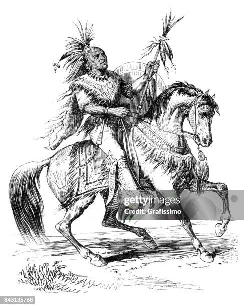 native american chief riding horse 1863 - comanche stock illustrations
