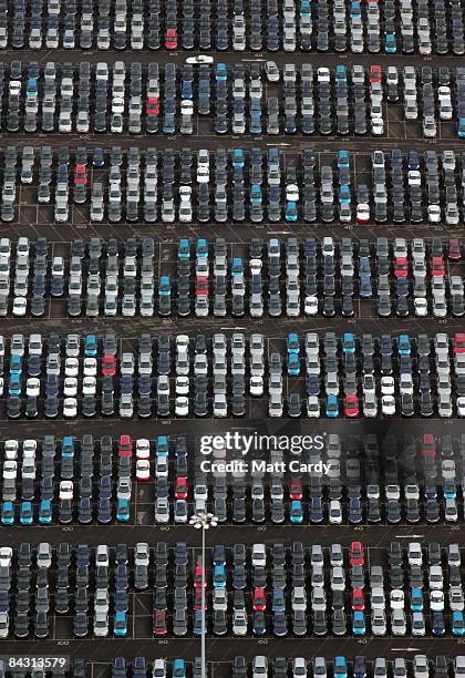 View of some of the thousands of unsold cars currently being stored at Avonmouth Docks on January 16, 2009 at Avonmouth, England. Sales of new cars...