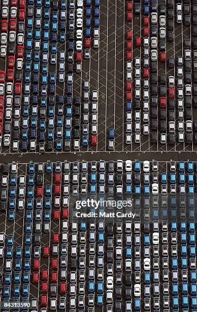 View of some of the thousands of unsold cars currently being stored at Avonmouth Docks on January 16, 2009 at Avonmouth, England. Sales of new cars...