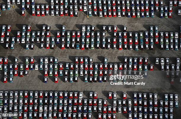 View of some of the thousands of unsold cars currently being stored at Avonmouth Docks on January 16, 2009 at Avonmouth, England. Sales of new cars...