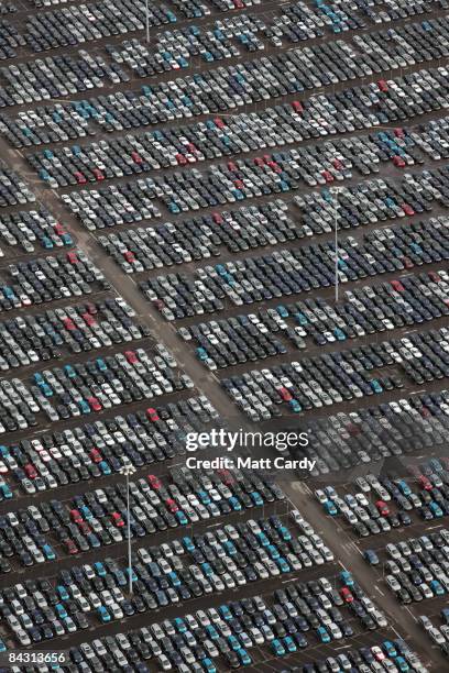 View of some of the thousands of unsold cars currently being stored at Avonmouth Docks on January 16, 2009 at Avonmouth, England. Sales of new cars...