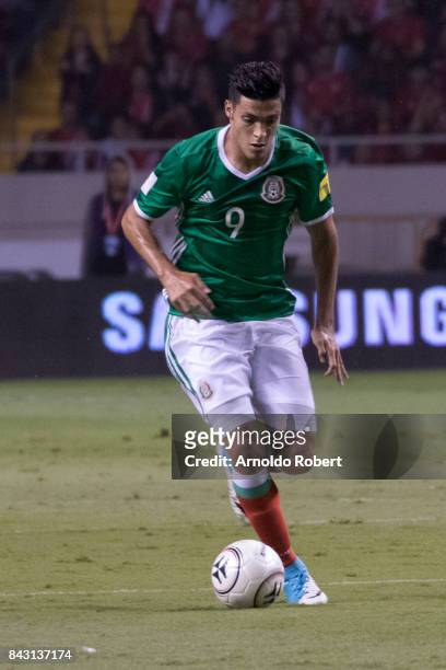 Raul Jimenez of Mexico drives the ball during the match between Costa Rica and Mexico as part of the FIFA 2018 World Cup Qualifiers at Nacional de...