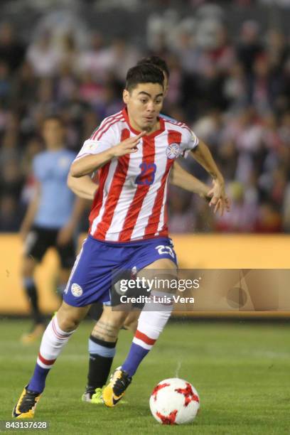 Miguel Almiron of Paraguay runs after the ball during a match between Paraguay and Uruguay as part of FIFA 2018 World Cup Qualifiers at Defensores...