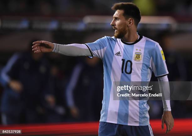 Lionel Messi of Argentina gestures during a match between Argentina and Venezuela as part of FIFA 2018 World Cup Qualifiers at Monumental Stadium on...