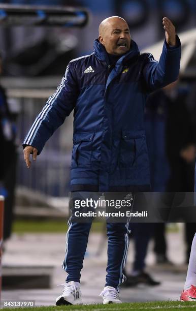 Jorge Sampaoli coach of Argentina gestures during a match between Argentina and Venezuela as part of FIFA 2018 World Cup Qualifiers at Monumental...
