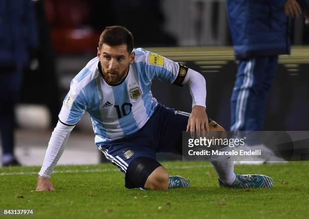 Lionel Messi of Argentina reacts during a match between Argentina and Venezuela as part of FIFA 2018 World Cup Qualifiers at Monumental Stadium on...