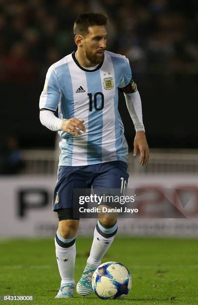 Lionel Messi of Argentina drives the ball during a match between Argentina and Venezuela as part of FIFA 2018 World Cup Qualifiers at Monumental...