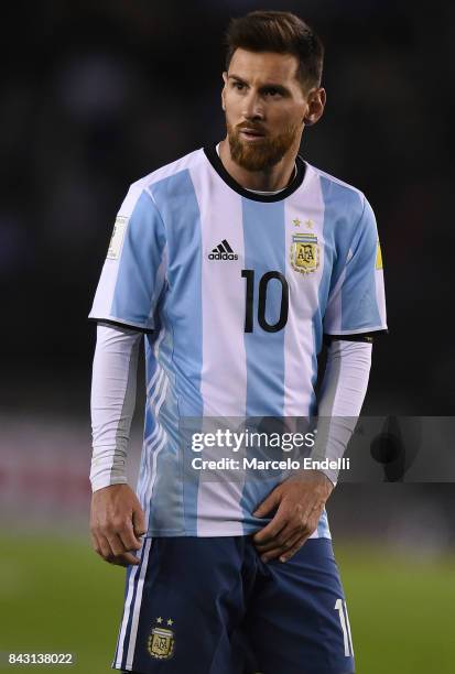 Lionel Messi of Argentina gestures during a match between Argentina and Venezuela as part of FIFA 2018 World Cup Qualifiers at Monumental Stadium on...