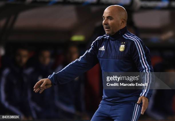 Jorge Sampaoli coach of Argentina reacts during a match between Argentina and Venezuela as part of FIFA 2018 World Cup Qualifiers at Monumental...