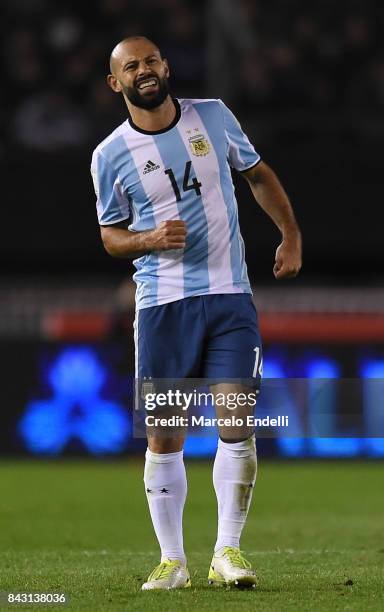 Javier Mascherano of Argentina reacts during a match between Argentina and Venezuela as part of FIFA 2018 World Cup Qualifiers at Monumental Stadium...