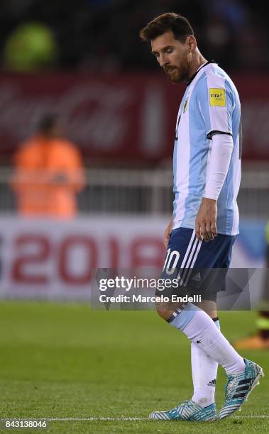 Lionel Messi of Argentina looks down during a match between Argentina and Venezuela as part of FIFA 2018 World Cup Qualifiers at Monumental Stadium...