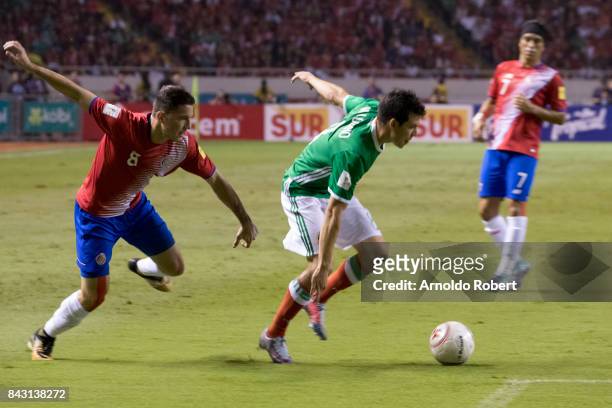 Hirving Lozano of Mexico dribbles Bryan Oviedo of Costa Rica during the match between Costa Rica and Mexico as part of the FIFA 2018 World Cup...