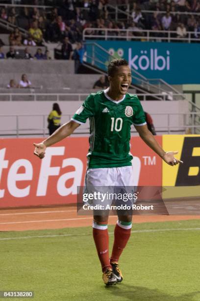 Giovani Dos Santos of Mexico celebrates his team's first goal during the match between Costa Rica and Mexico as part of the FIFA 2018 World Cup...