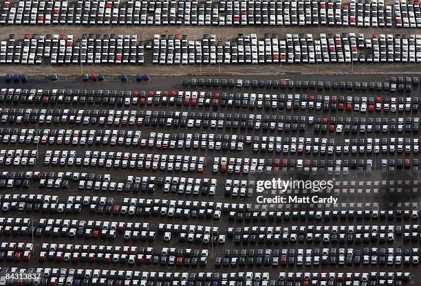 View of some of the thousands of unsold cars currently being stored at Avonmouth Docks on January 16, 2009 at Avonmouth, England. Sales of new cars...