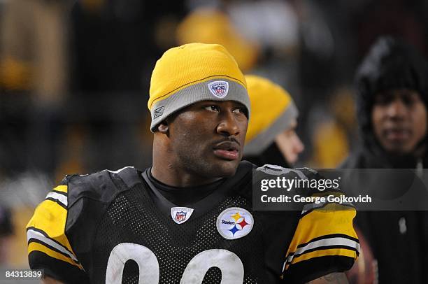 Linebacker James Harrison of the Pittsburgh Steelers looks on from the sideline during an AFC Divisional Playoff Game against the San Diego Chargers...