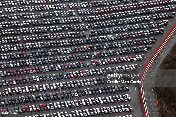 View of some of the thousands of unsold cars currently being stored at Avonmouth Docks on January 16, 2009 at Avonmouth, England. Sales of new cars...