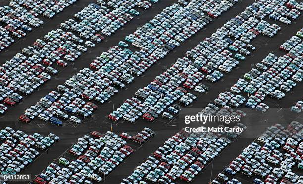 View of some of the thousands of unsold cars currently being stored at Avonmouth Docks on January 16, 2009 at Avonmouth, England. Sales of new cars...