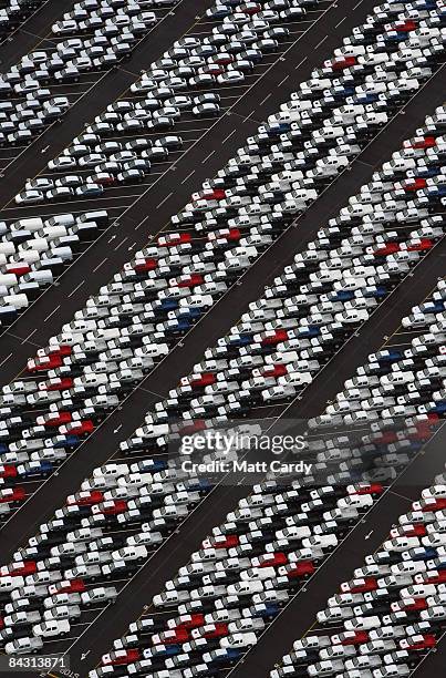 View of some of the thousands of unsold cars currently being stored at Avonmouth Docks on January 16, 2009 at Avonmouth, England. Sales of new cars...