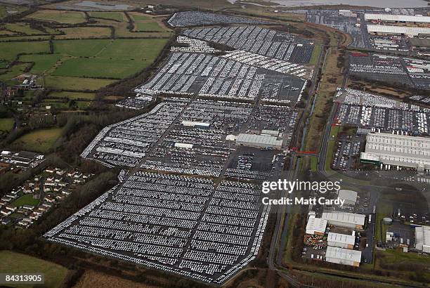 View of some of the thousands of unsold cars currently being stored at Avonmouth Docks on January 16, 2009 at Avonmouth, England. Sales of new cars...