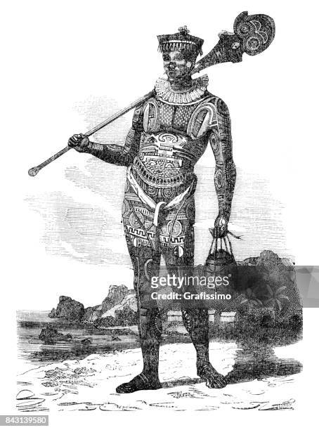 ilustraciones, imágenes clip art, dibujos animados e iconos de stock de aborígenes en las islas marquesas con tatuaje tradicional 1863 - indian costume