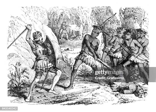 stockillustraties, clipart, cartoons en iconen met conquistador pizarro in strijd tussen azteekse en de spaanse troepen 1863 - 16th century style