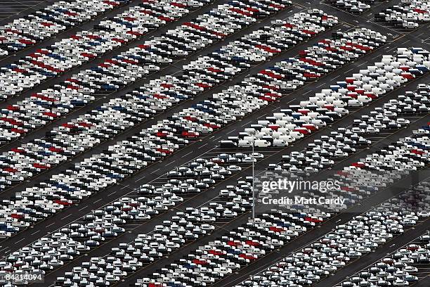 View of some of the thousands of unsold cars currently being stored at Avonmouth Docks on January 16, 2009 at Avonmouth, England. Sales of new cars...