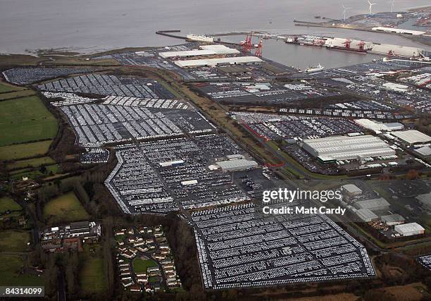 View of some of the thousands of unsold cars currently being stored at Avonmouth Docks on January 16, 2009 at Avonmouth, England. Sales of new cars...