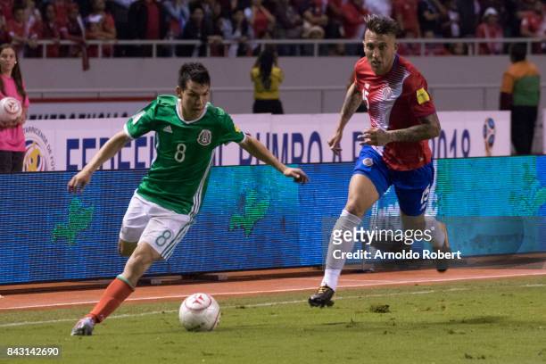 Hirving Lozano of Mexico drives the ball while followed by Bryan Oviedo of Costa Rica during the match between Costa Rica and Mexico as part of the...