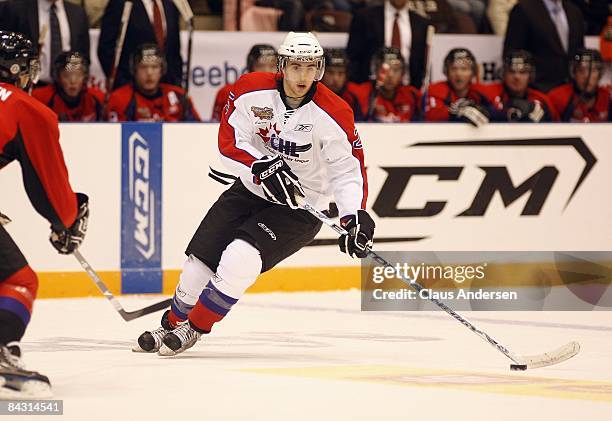 Ethan Werek of Team Cherry skates with the puck in the 2009 Home Hardware CHL/NHL Top Prospects Game against Team Orr on Wednesday January 14, 2009...