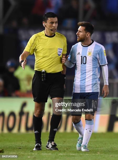 Lionel Messi of Argentina talks to the Referee Roberto Tobar during a match between Argentina and Venezuela as part of FIFA 2018 World Cup Qualifiers...