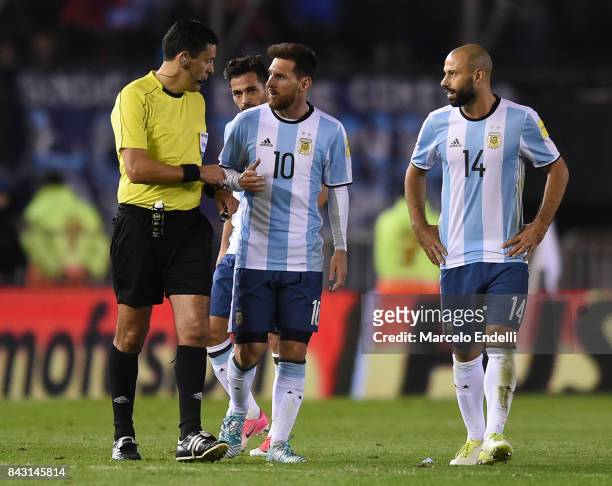 Lionel Messi of Argentina talks to the Referee Roberto Tobar during a match between Argentina and Venezuela as part of FIFA 2018 World Cup Qualifiers...