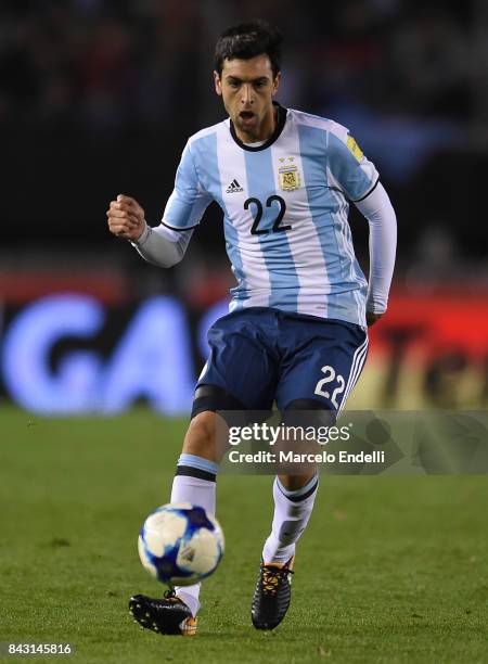 Javier Pastore of Argentina kicks the ball during a match between Argentina and Venezuela as part of FIFA 2018 World Cup Qualifiers at Monumental...