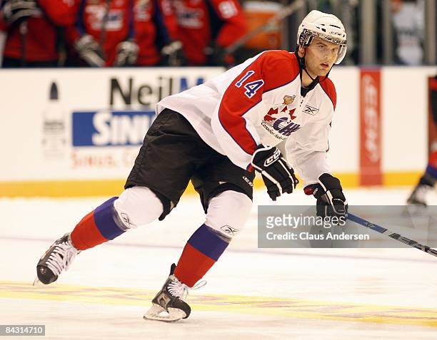 Zack Kassian of Team Cherry skates in the 2009 Home Hardware CHL/NHL Top Prospects Game against Team Orr on Wednesday January 14, 2009 at the General...