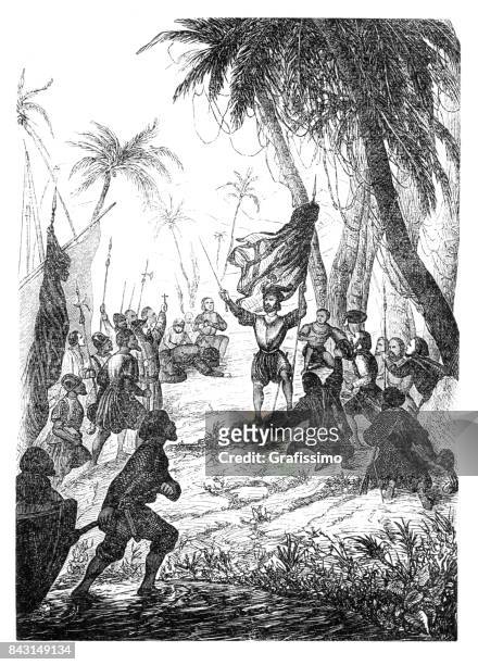 christopher columbus landing on the bahamas 1492 - cristobal colon stock illustrations