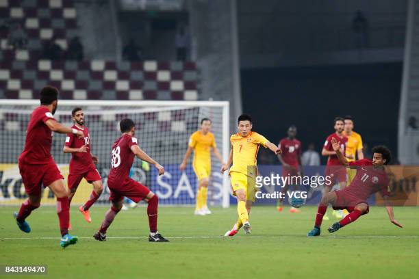 Wu Lei of China vies with players of Qatar during the 2018 FIFA World Cup qualifier game between Qatar and China at Khalifa International Stadium on...