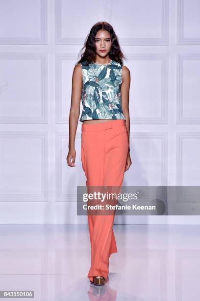 Model walks on runway at Rachel Zoe SS18 Presentation at Sunset Tower Hotel on September 5, 2017 in West Hollywood, California.