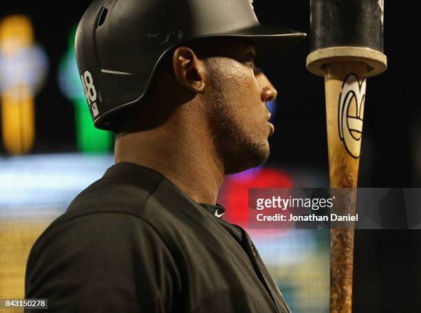 Rymer Liriano of the Chicago White Sox prepares to bat against the Cleveland Indians at Guaranteed Rate Field on September 5, 2017 in Chicago,...