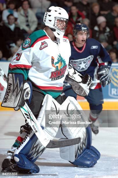 Mark Guggenberger of the Kelowna Rockets makes his debut with the Kelowna Rockets against the Tri-City Americans, after being traded by the Swift...